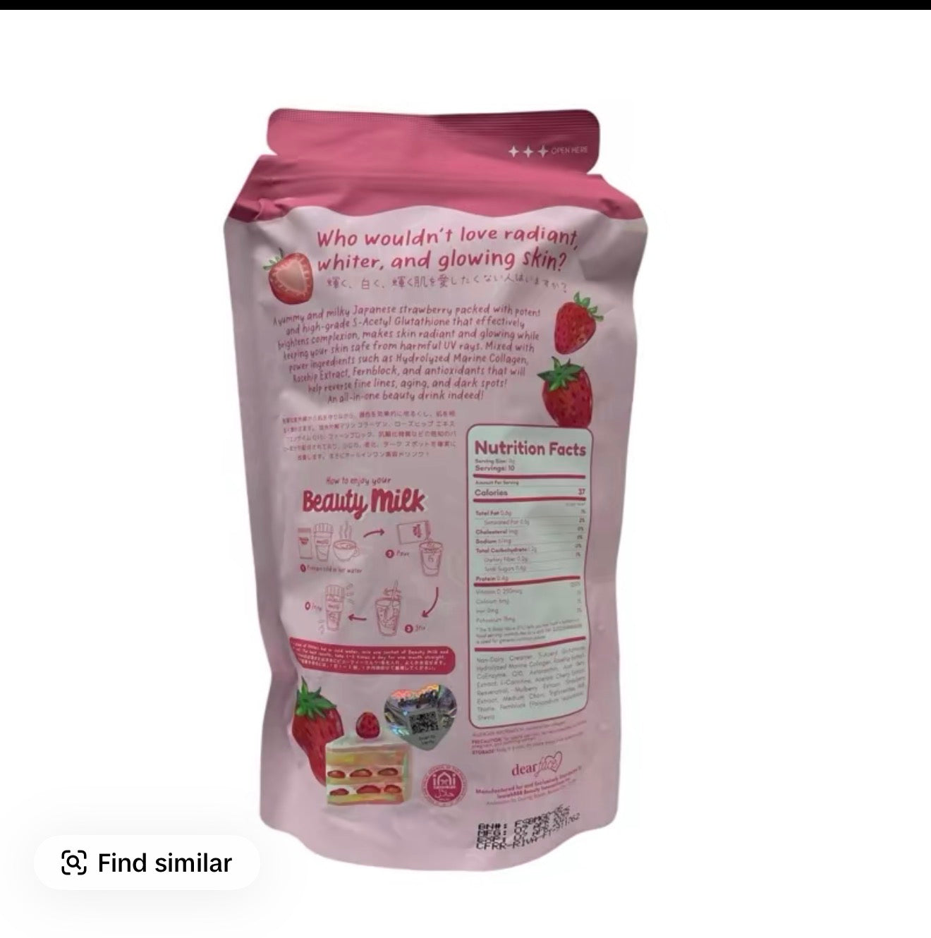 Dear Face Strawberry Beauty Milk Collagen & Glutathione Drink Powder