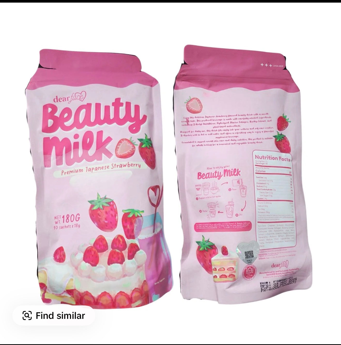 Dear Face Strawberry Beauty Milk Collagen & Glutathione Drink Powder