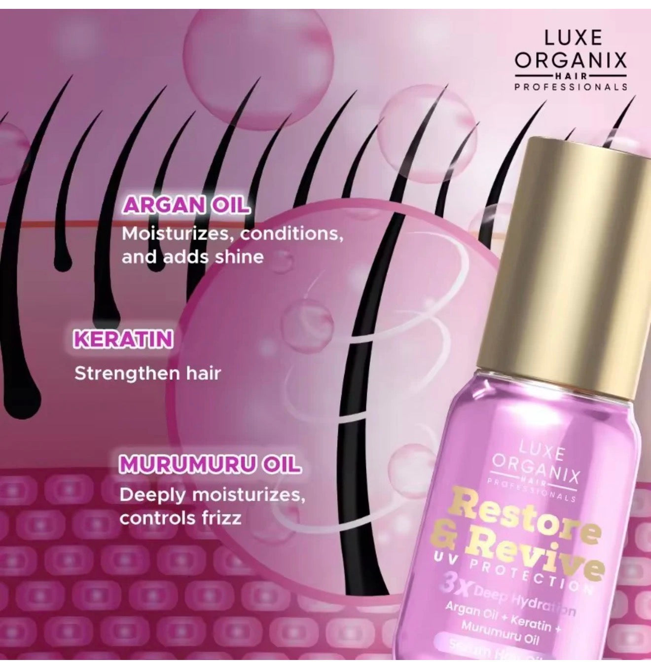 Luxe Organic-RESTORE & REVIVE  UV Protection Deep Hydration Hair Oil Serum